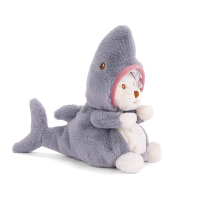 side view of ziggy bear wearing shark costume