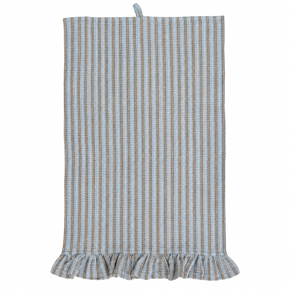 A rectangular kitchen towel with a vertical stripe pattern in light blue, beige, and brown, featuring a ruffled hem and a small hanging loop at the top, shown against a plain white background.
