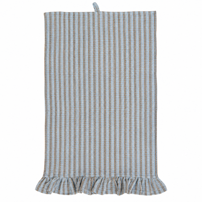 A rectangular kitchen towel with a vertical stripe pattern in light blue, beige, and brown, featuring a ruffled hem and a small hanging loop at the top, shown against a plain white background.