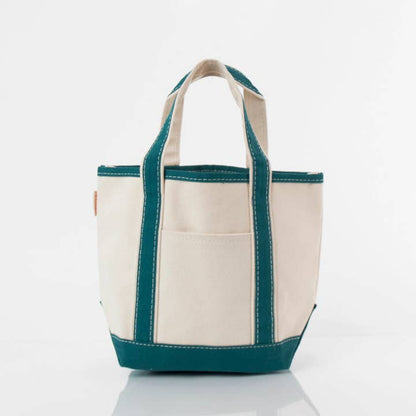 off white tote with teal green handles and trim