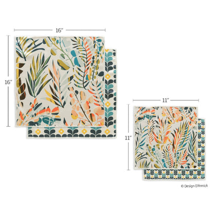Colorful leaves all purpose towels set arranged on a white background with dimensions.