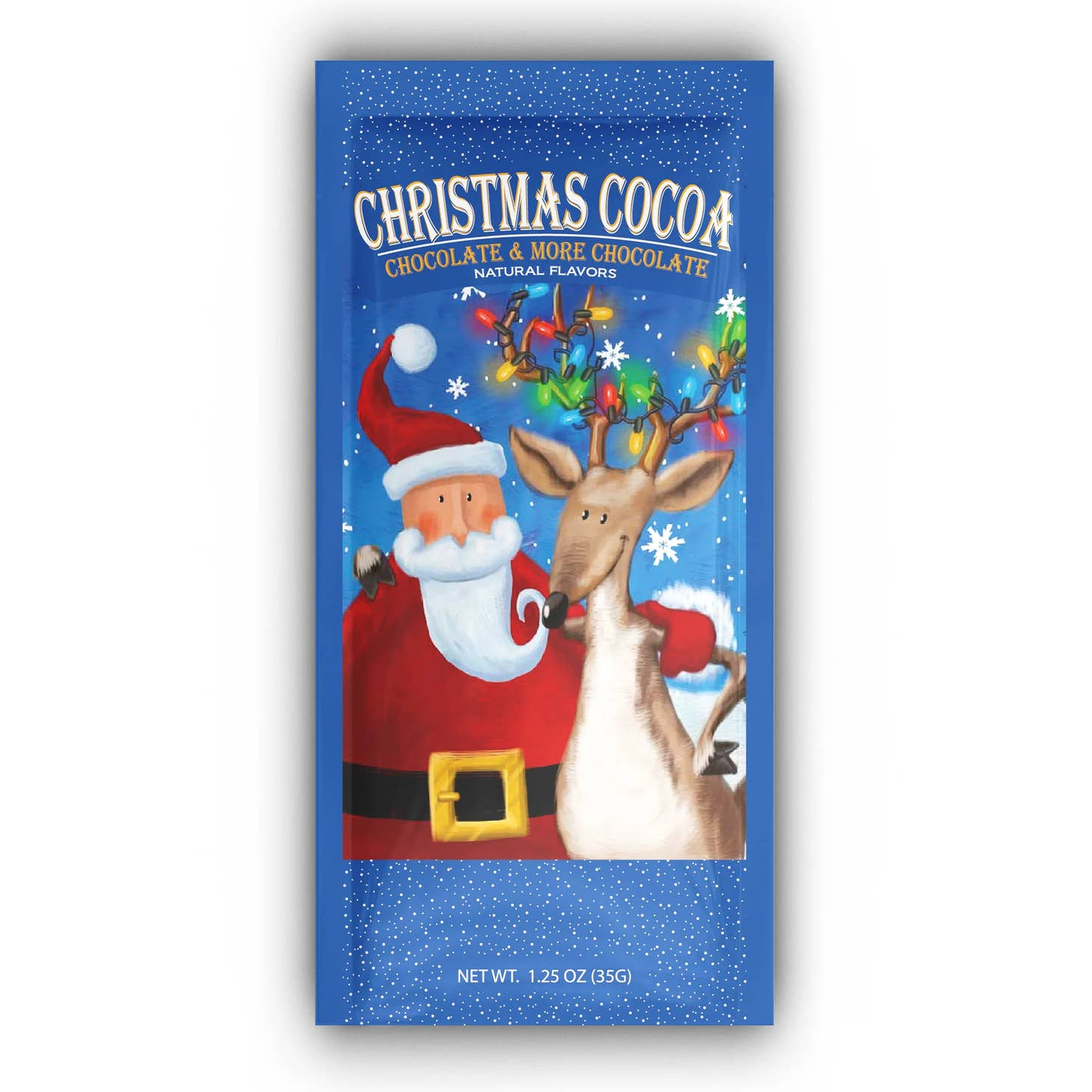 chrismtas buddies cocoa packet with santa and a reindeer on the front