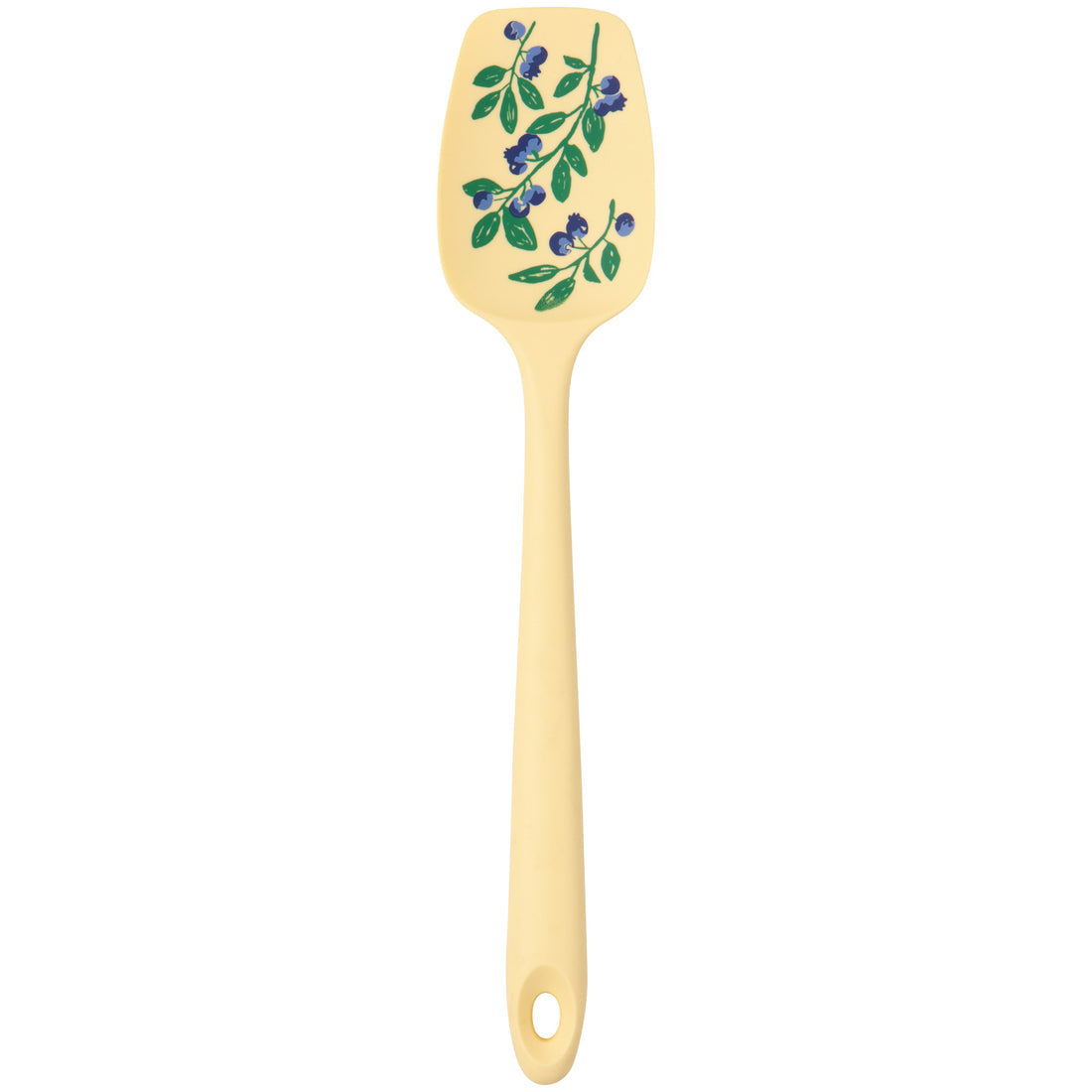 light yellow silicone spoonula with blueberry spring on it