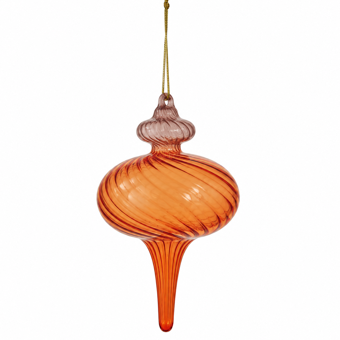An orange and purple glass finial ornament with a ribbed bulbous body, a narrow stem, and a hanging loop at the top, shown against a plain white background.