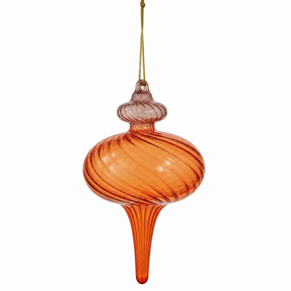 An orange and purple glass finial ornament with a ribbed bulbous body, a narrow stem, and a hanging loop at the top, shown against a plain white background.