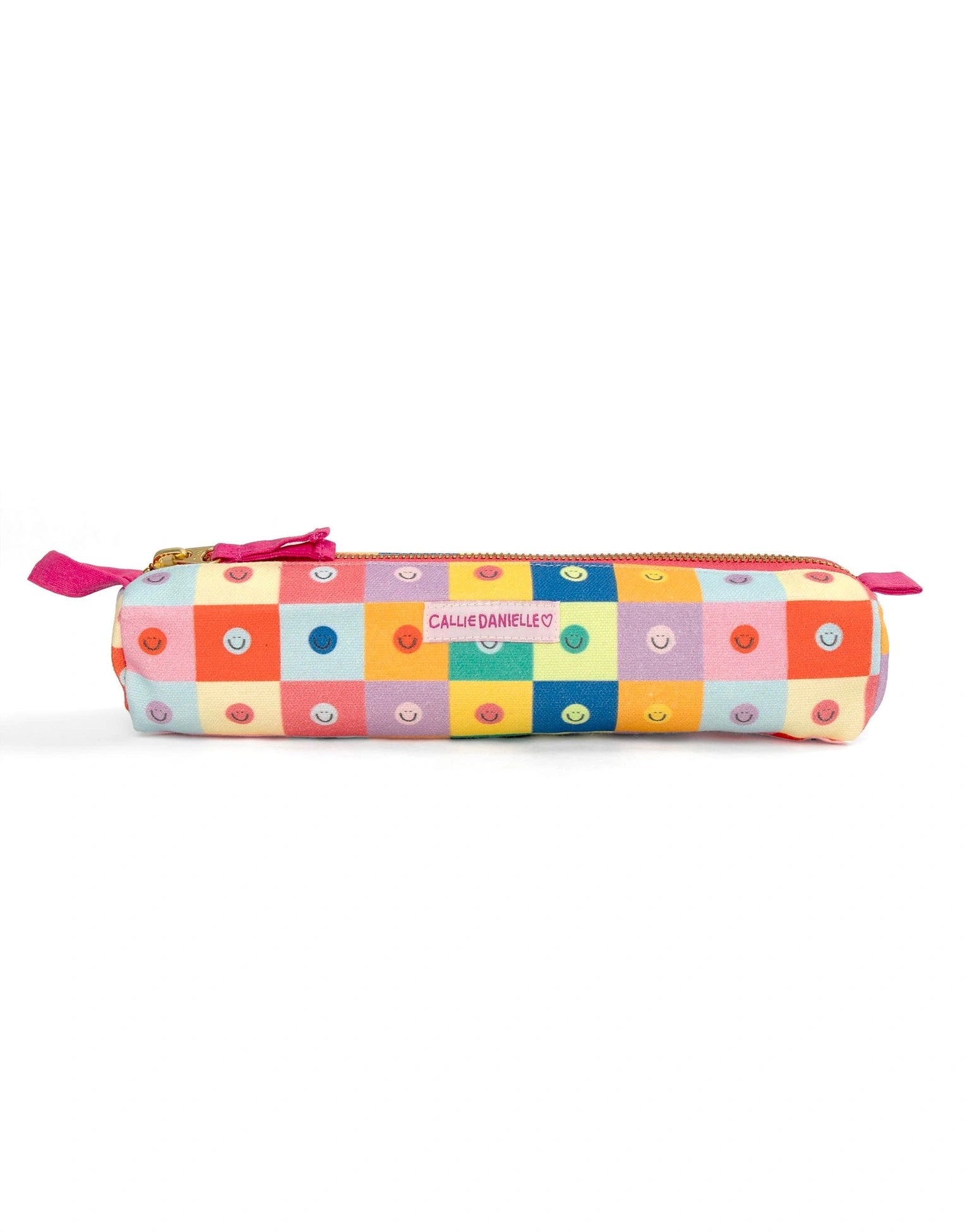 Colorful checkered pencil case with smiley faces and a zipper on a white background