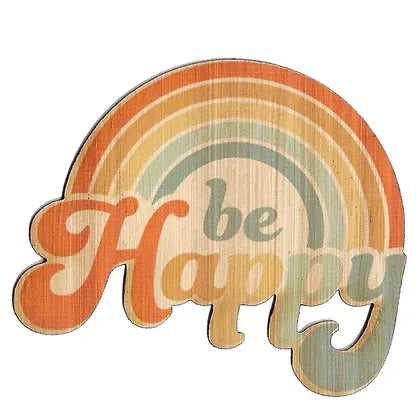 retro color styled rainbow with words "be happy" below