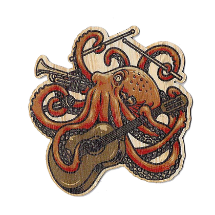 reddish orange octopus playing a guitar and trumpet while holding a microphone and drum sticks