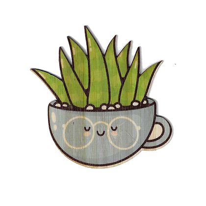 pale blue teacup with glasses and a smiley face with a potted succulent in the teacup