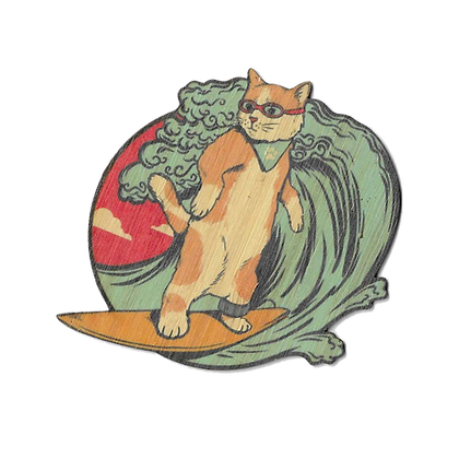 cat with goggles on a surf board on an ocean wave