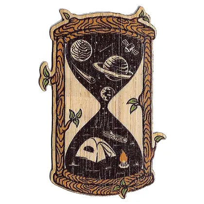 hourglass framed in a twig border. the inside of the hourglass is made up of a campsite on the bottom and outer space on top 