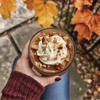 top view of person holding a coffee beverage topped with whip cream and chopped pecans