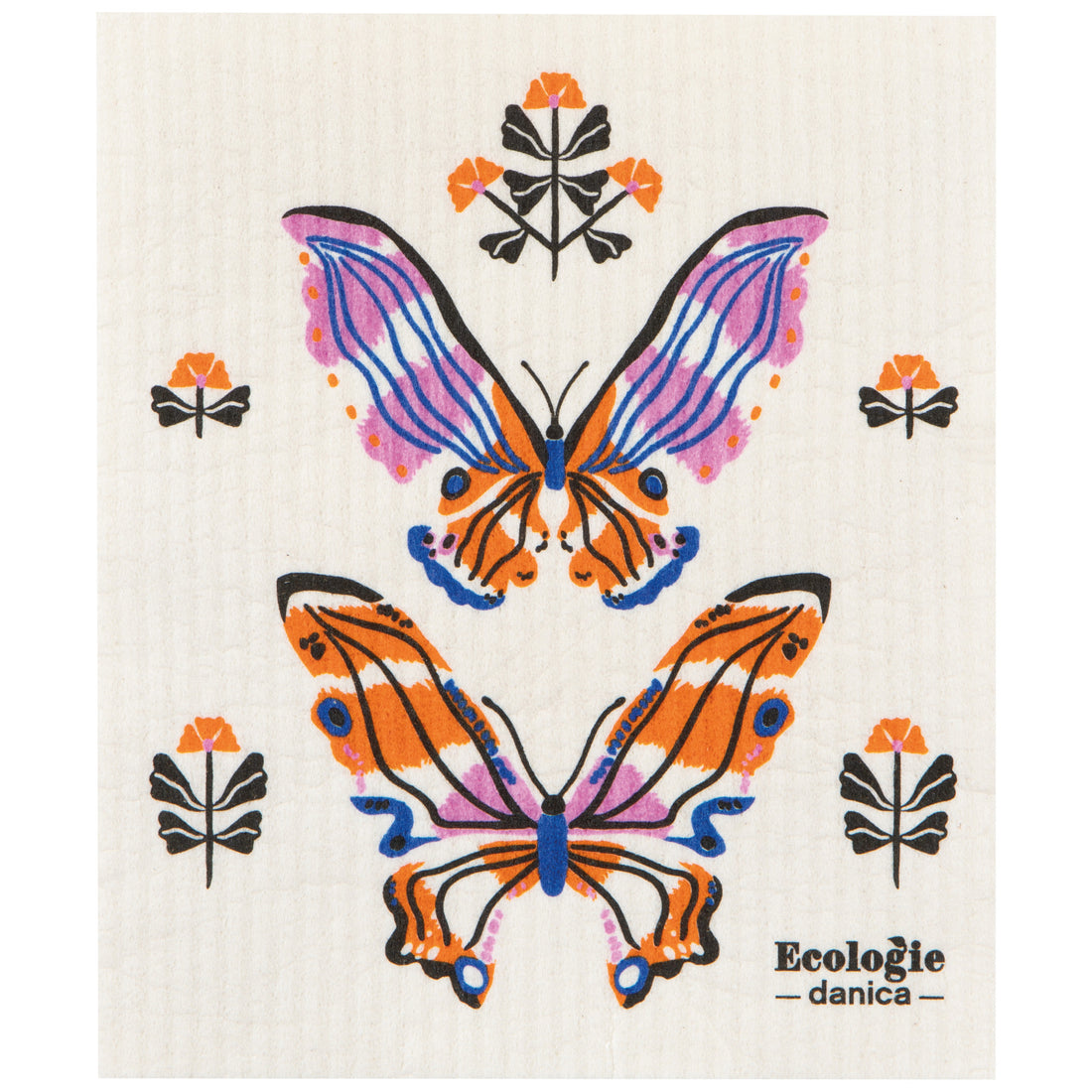 tan dishcloth with 2 multicolored butterflies printed on it