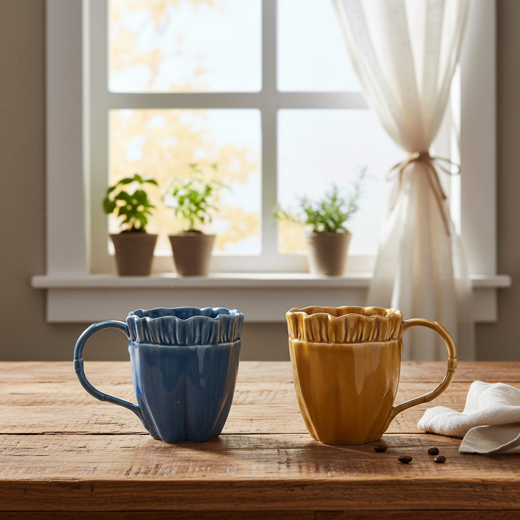 Two ceramic mugs, one blue and one mustard yellow, on a wooden table in akitchen setting