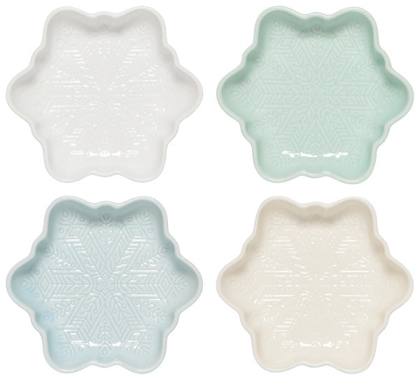 all 4 colors of snowflake dishes arranged on a white background.