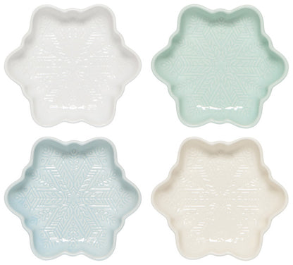 all 4 colors of snowflake dishes arranged on a white background.