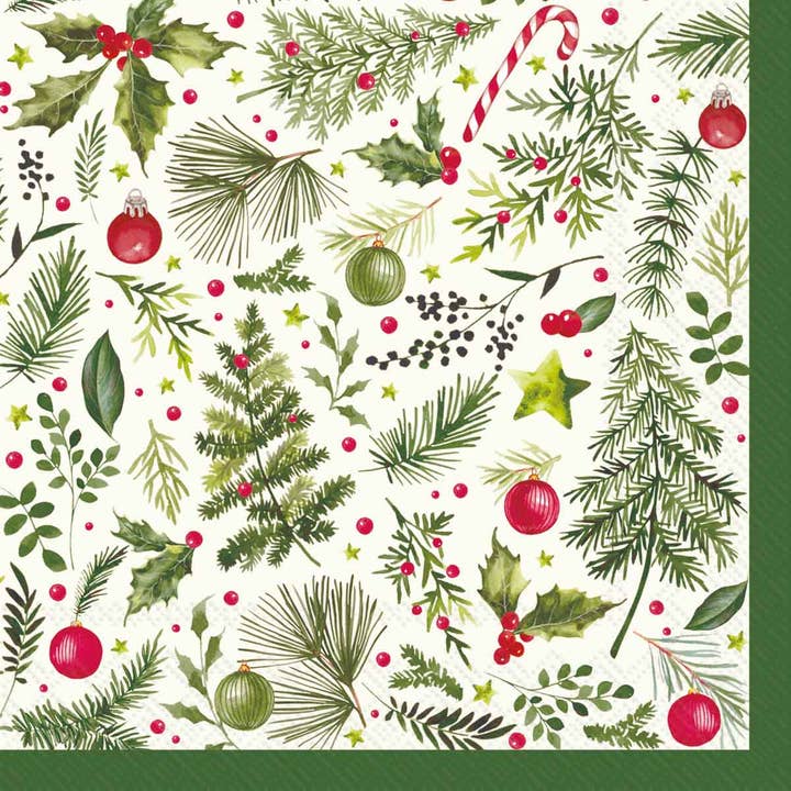 paper napkin with a festive holiday pattern featuring green pine branches, holly leaves, red berries, candy canes, ornaments, and stars on a white background, with a dark green border.