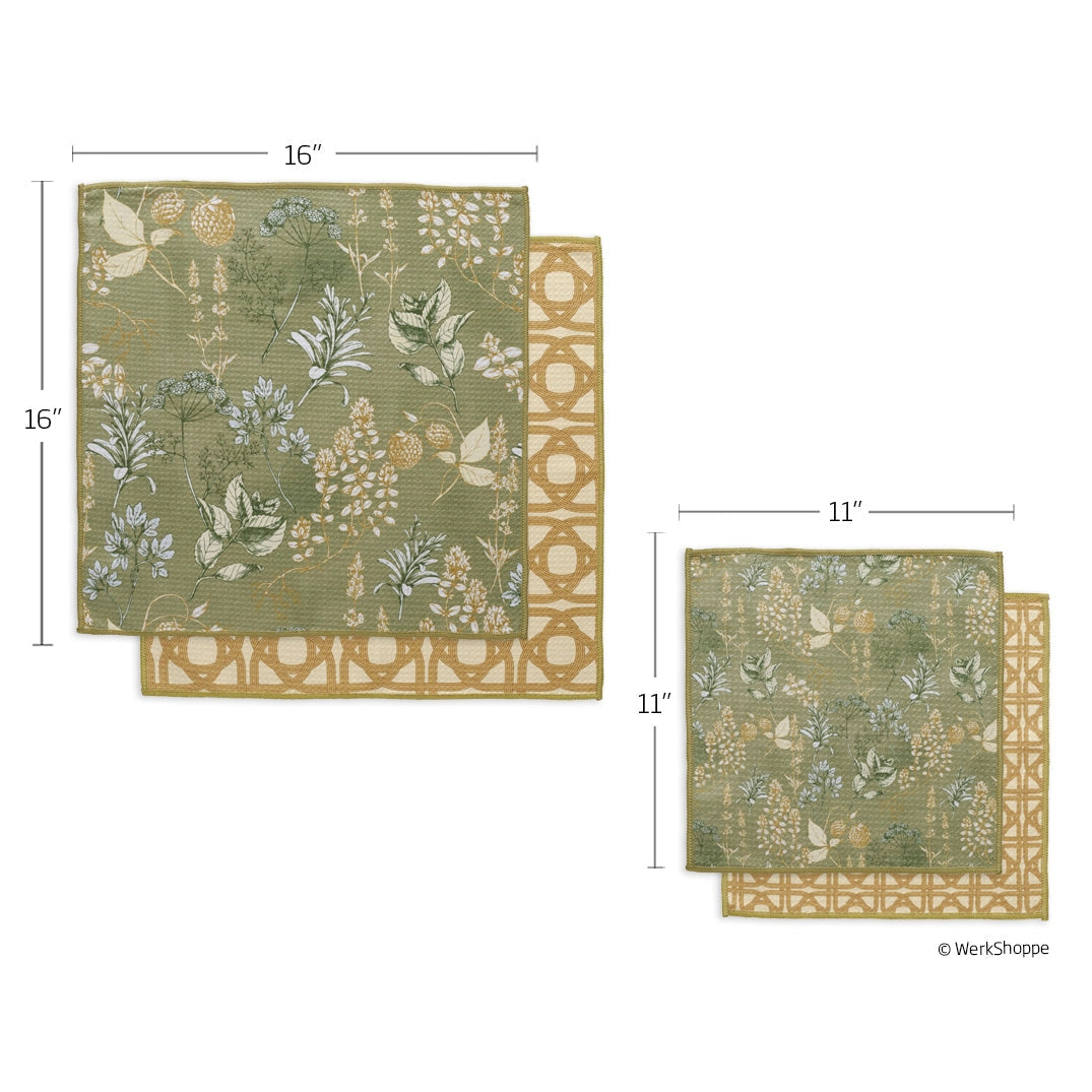 Set of kitchen herb towels Arranged on a white background with dimensions.