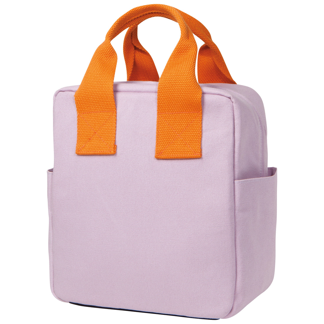 light purple lunch tote with orange handles