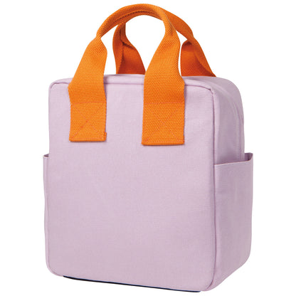light purple lunch tote with orange handles