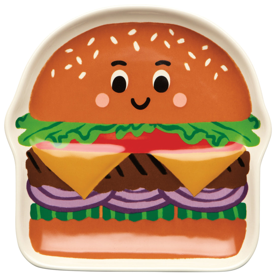 cream dish with a happy, smiling hamburger design  on it