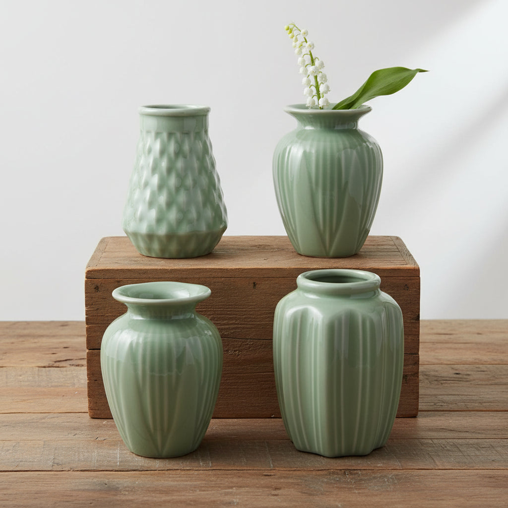 4 assorted jade green vases arranged on a wooden surface