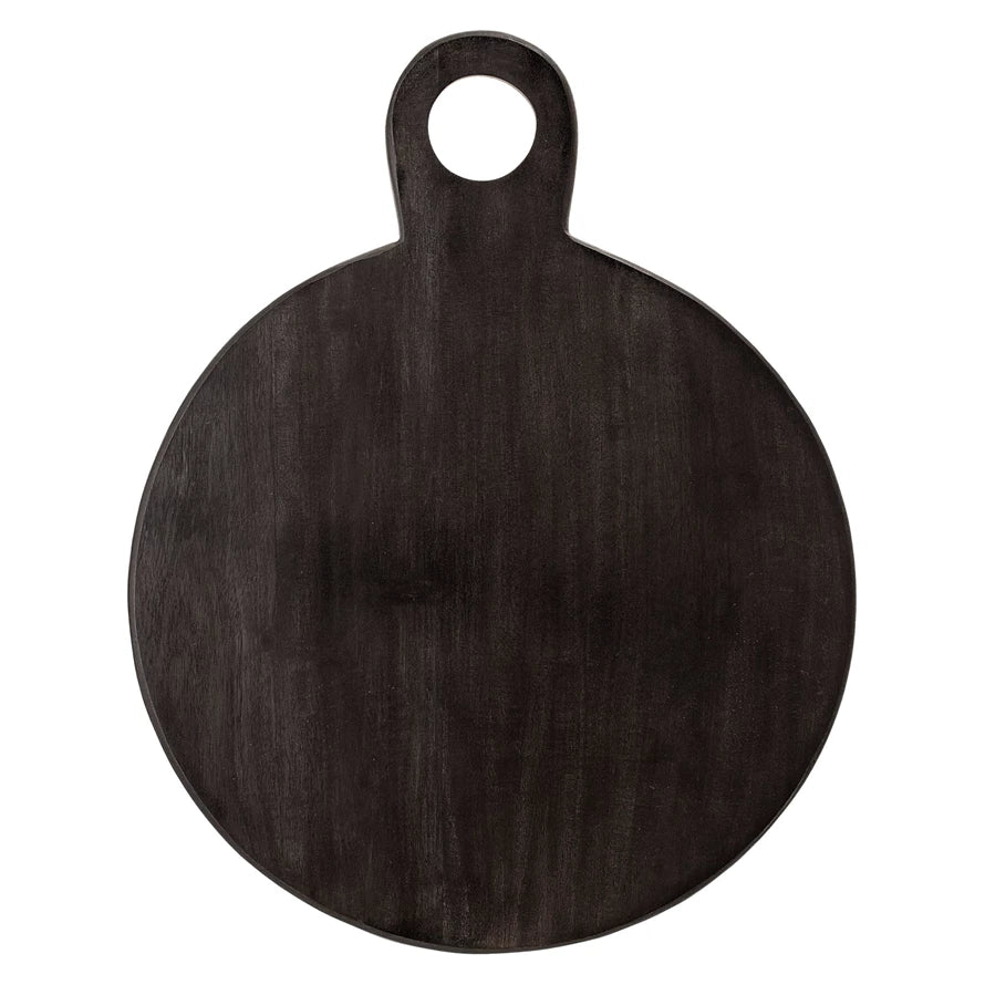 round black board with handle on a white background.