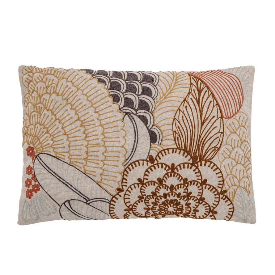 Floral Embroidery Lumbar Pillow ona  white background.