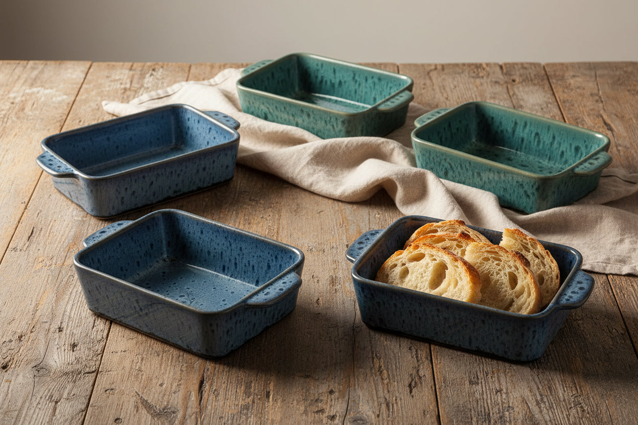 several small bakers with blue-green hues arranged on a wooden table, one of the bakers has bread slices in it