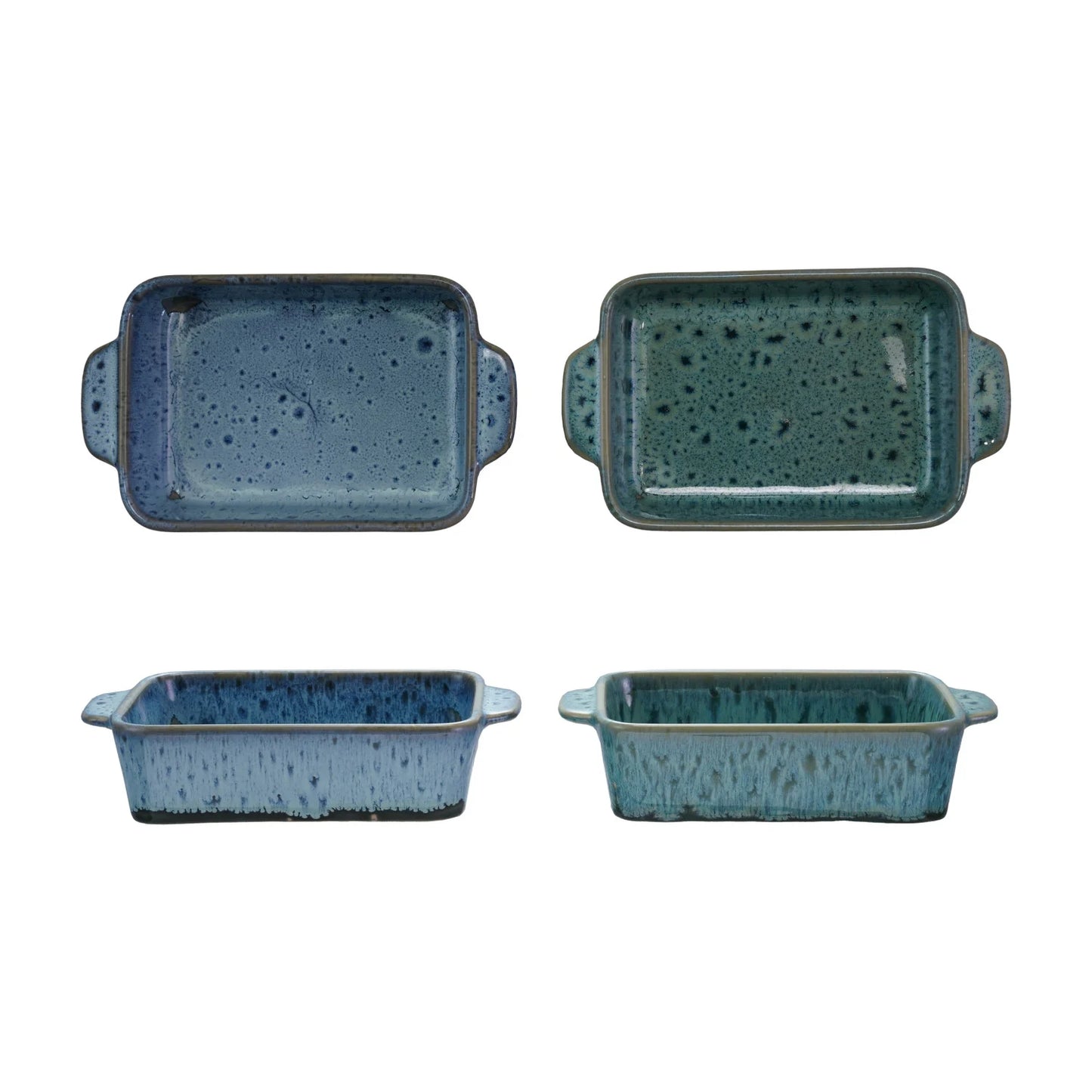 top and side views of small bakers with blue-green hues