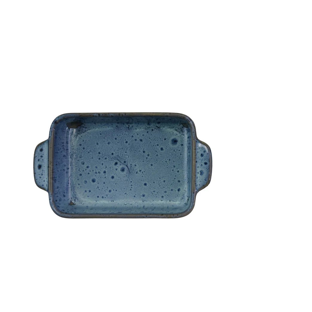 blue-ish small baker with speckled interior shown on a white background