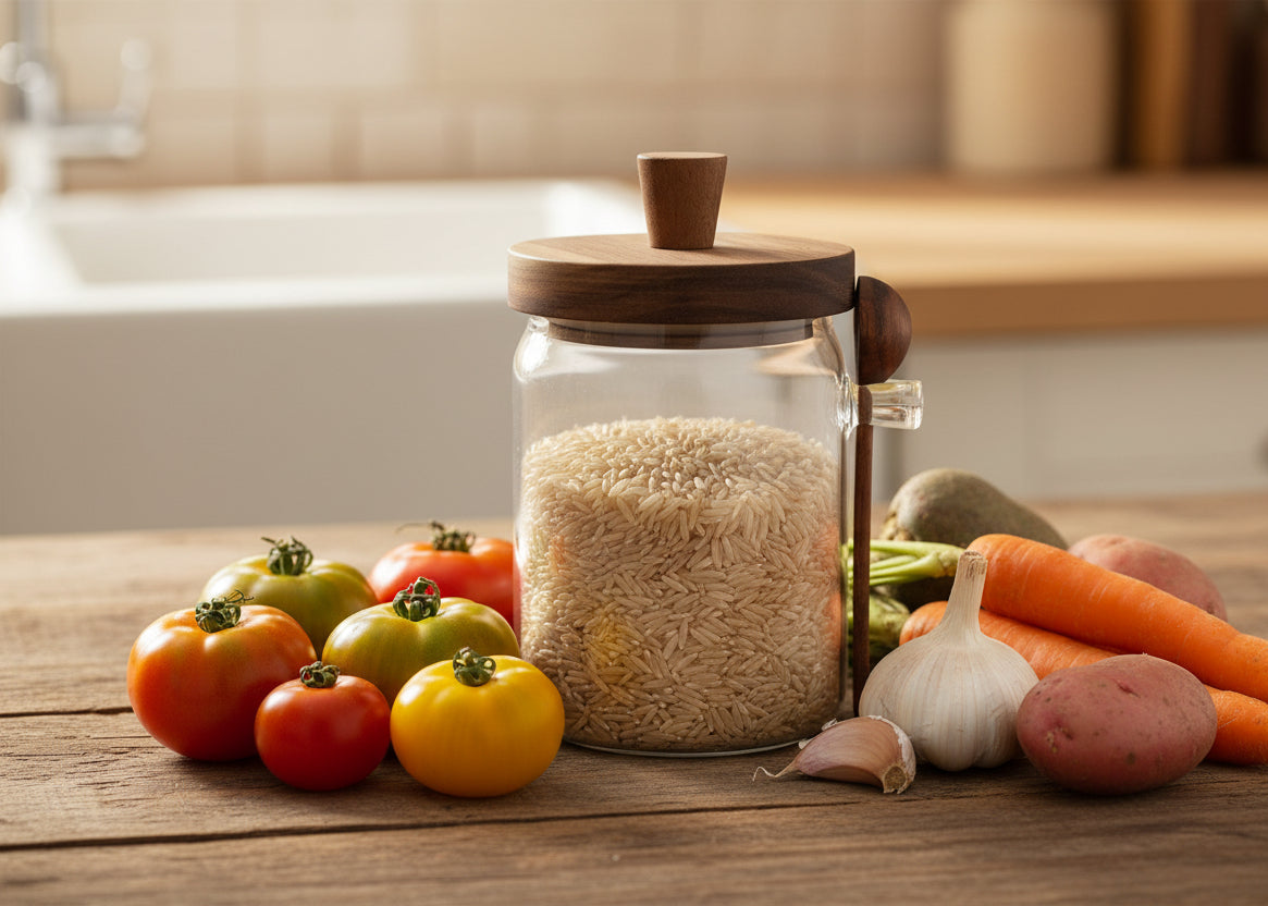 Glass Canister filled with uncooked rice with Wood Lid & Spoon set on a wooden table surrounded by veggies