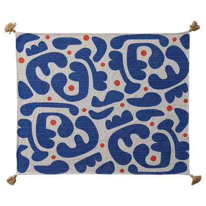 Decorative blanket with blue and orange pattern laying flat on a white background