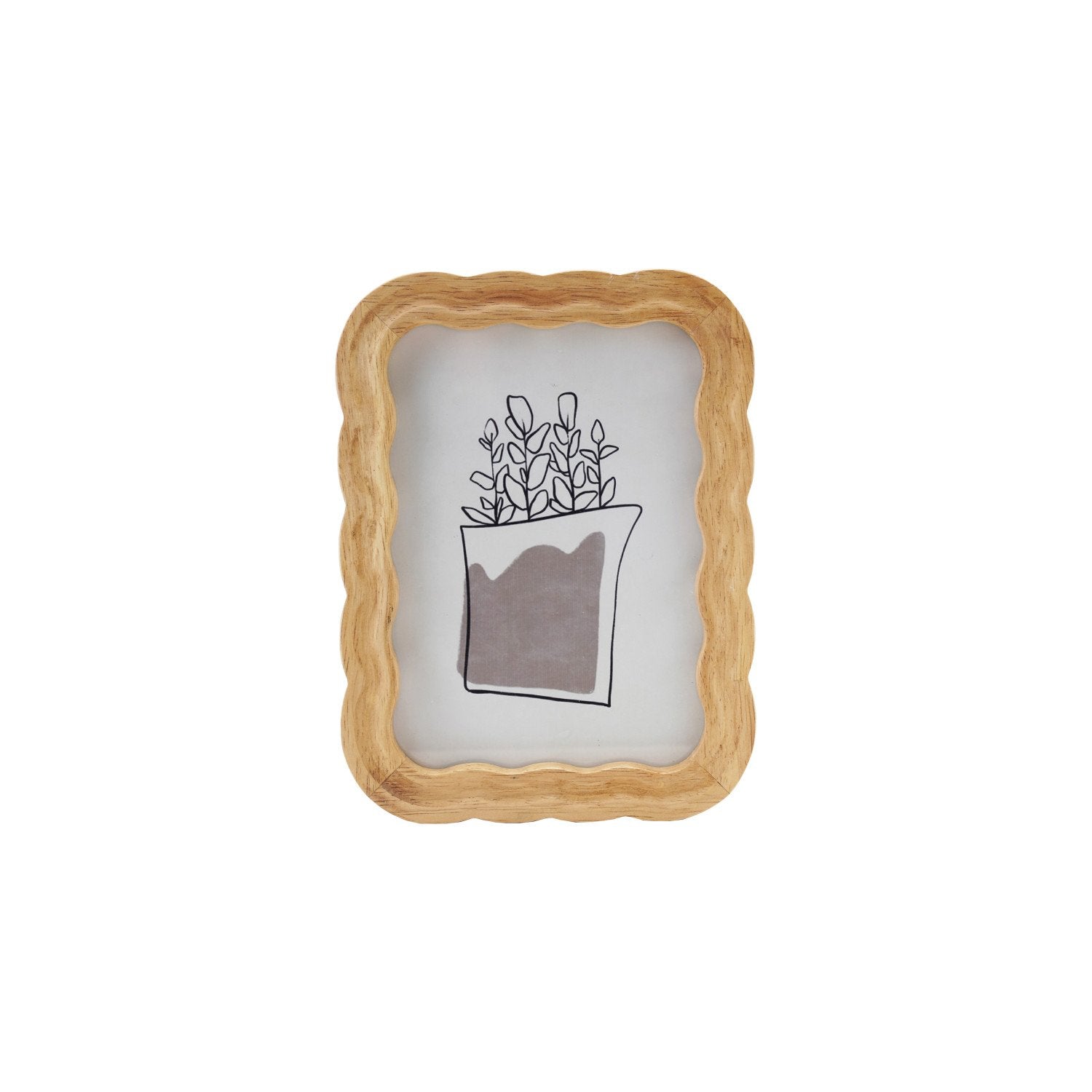 Rubberwood Scalloped Photo Frame with image of a line drawn plant in it