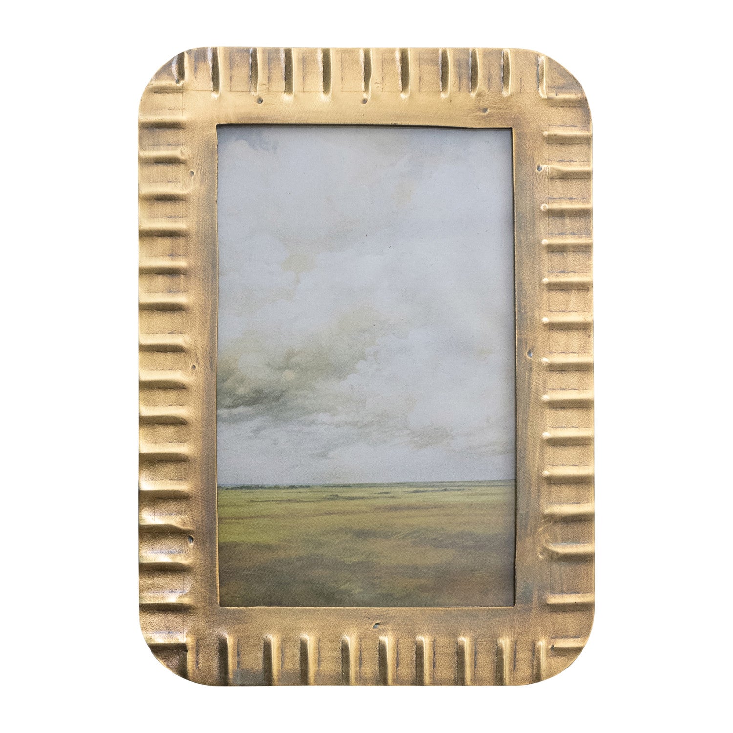 antique brass finished frame with a landscape photo inside