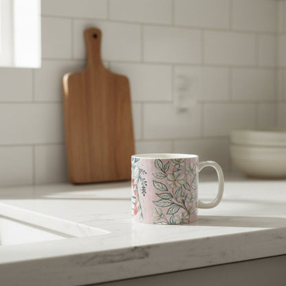 Pink floral mug on a kitchen counter with a cutting board and bowls in the background.