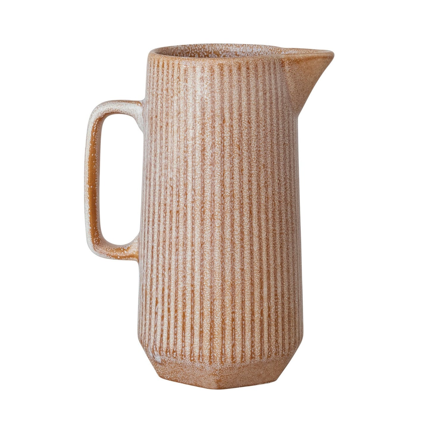 ceramic pitcher with an apricot hue shown on white background
