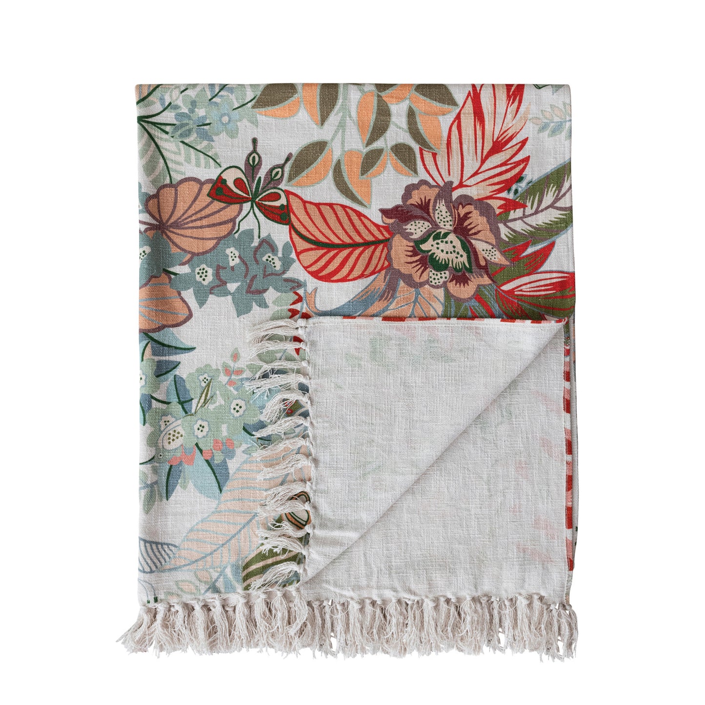 folded Floral patterned throw blanket with fringed edge on a white background