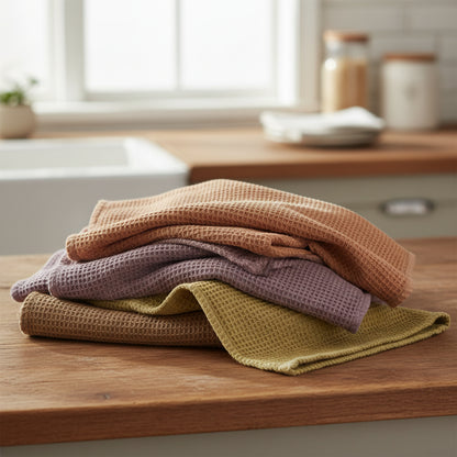 4 assorted waffle weave dishtowels draped on a wooden countertop with kitchen background
