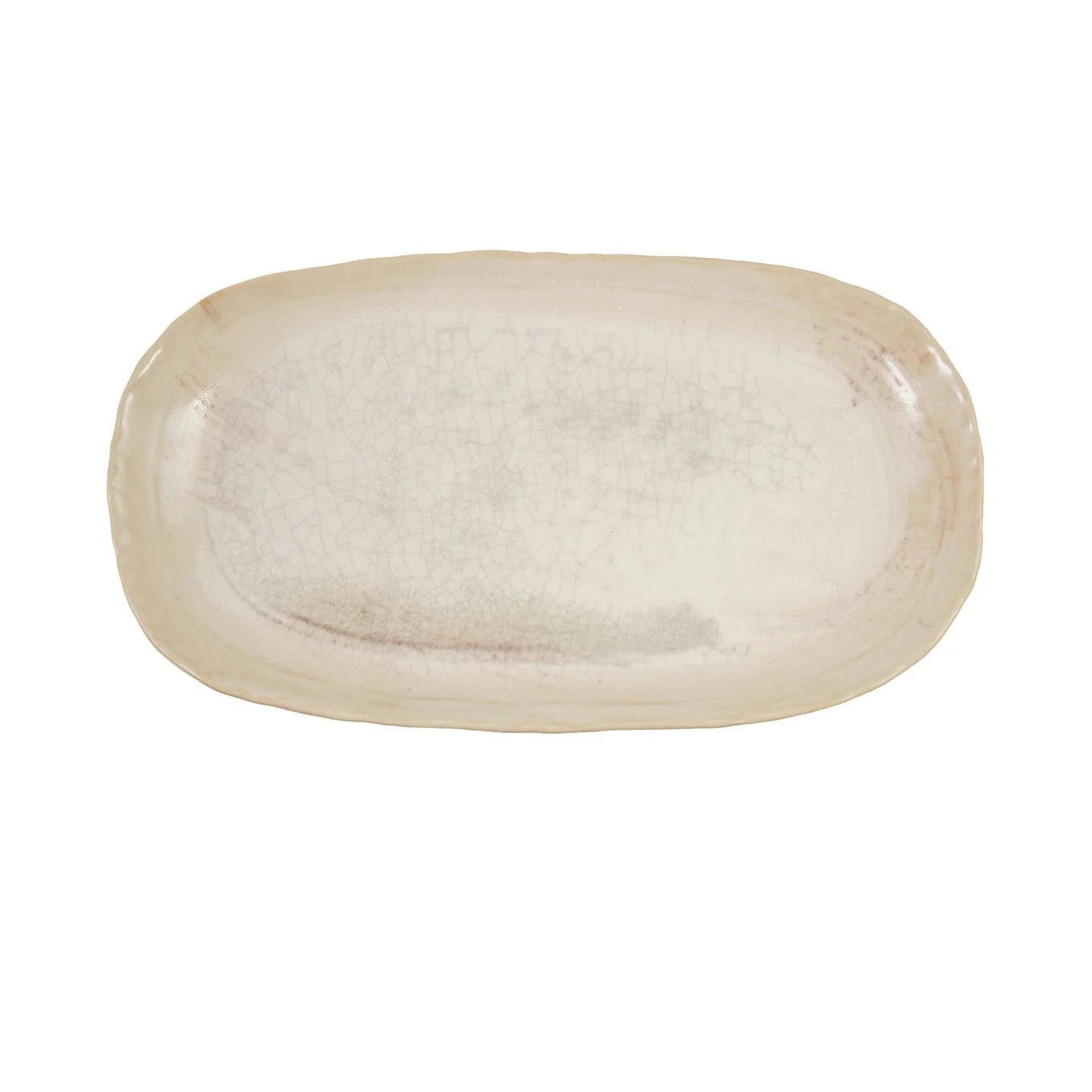 top view of cream colored stoneware platter with rounded corners