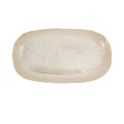 top view of cream colored stoneware platter with rounded corners
