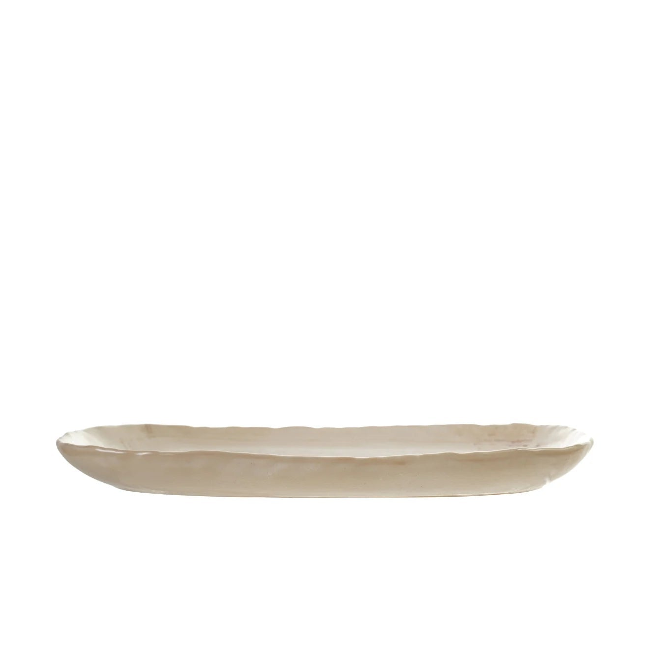side view of cream colored platter with slightly curved up rim and rounded corners