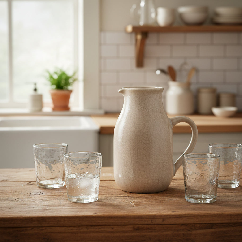 Beige ceramic pitcher  on a wooden table with a kitchen setting in the background