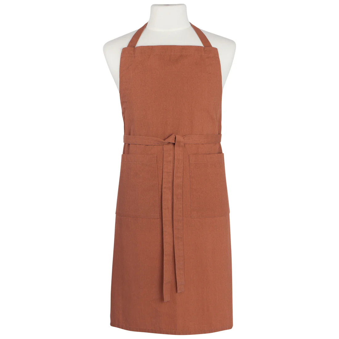 cinnamon colored apron on a mannequin.