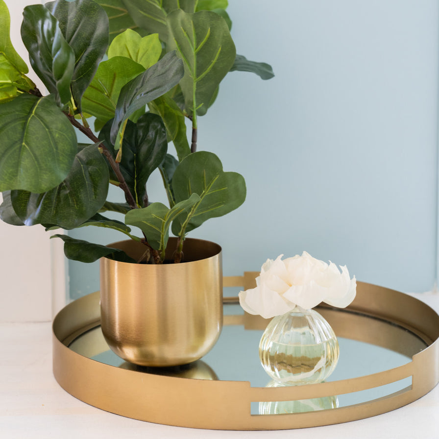 Bella Freesia Flower Diffuser set on a round golden tray with mirrored bottom and a fiddle leaf fig plant.