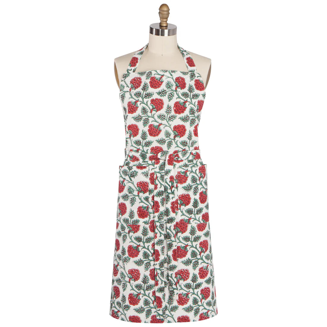 apron printed with a carnation pattern on a mannequin.