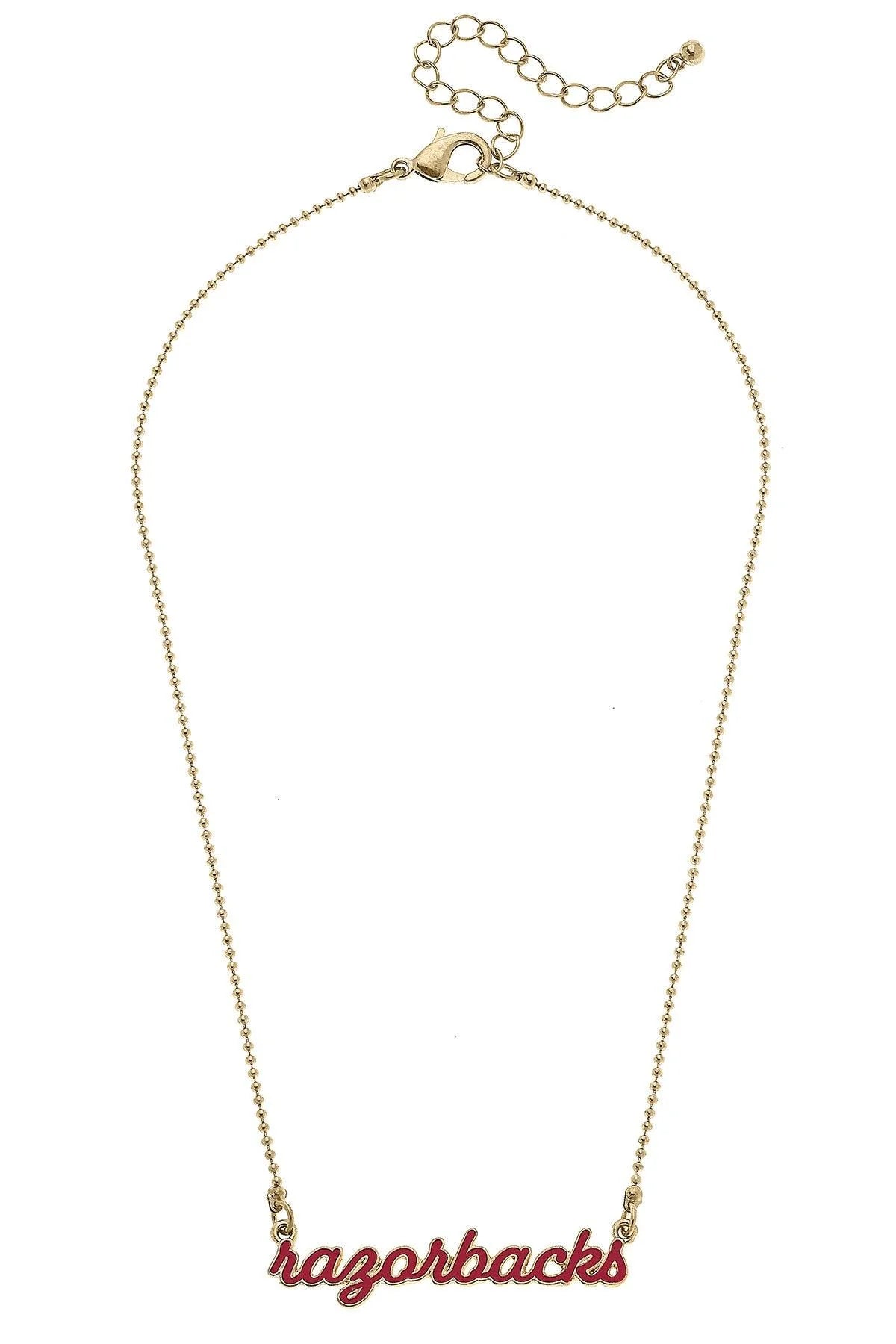 gold ball chain necklace with "razorback" bar in the center.