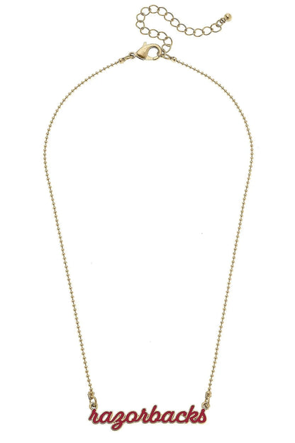 gold ball chain necklace with "razorback" bar in the center.