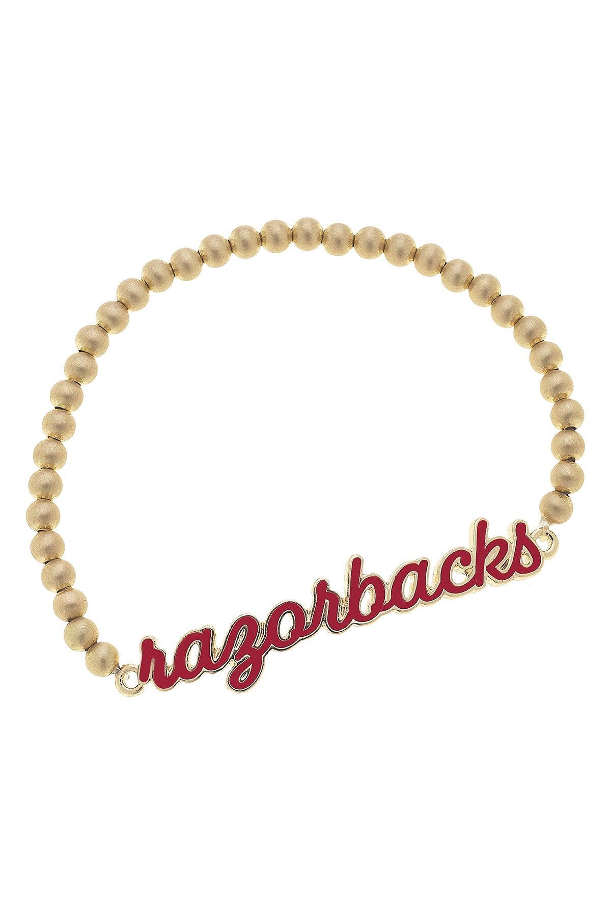 gold bead bracelet with "razorback" in red script.