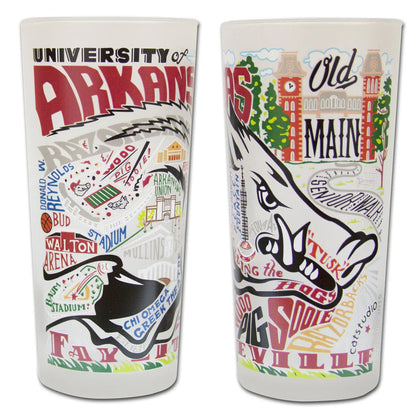 front and back view of university of arkansas drinking glasses.